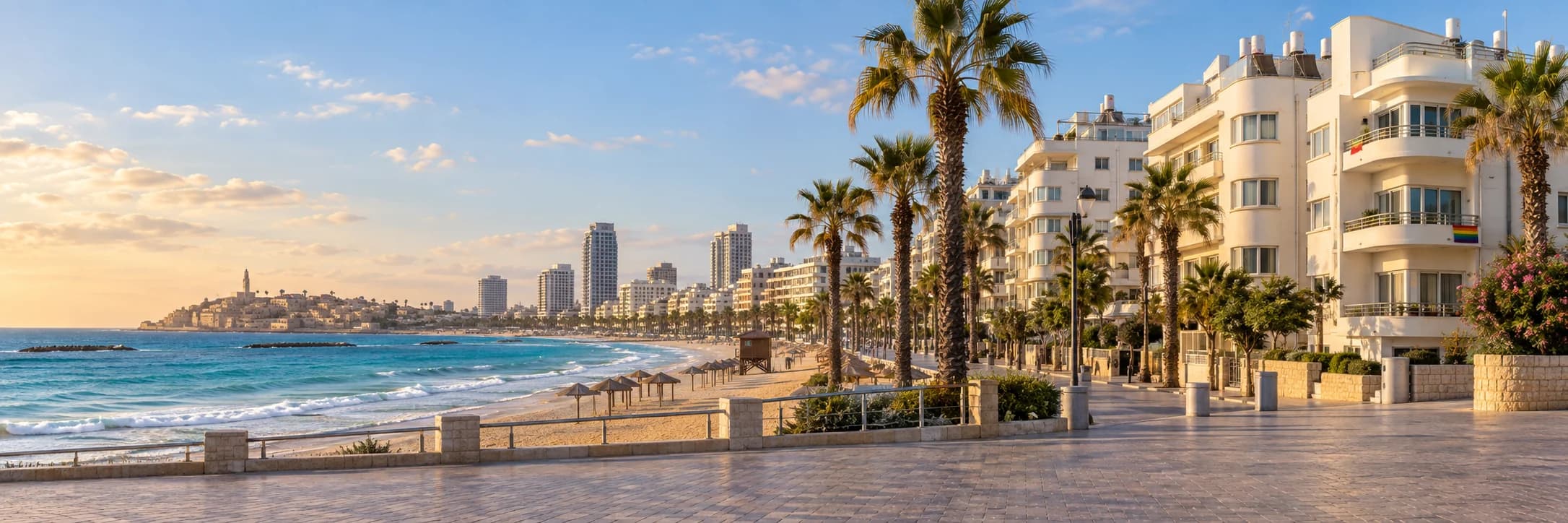 The game's Tel Aviv seafront, with Mediterranean water, palms, pale White City buildings, and distant Jaffa