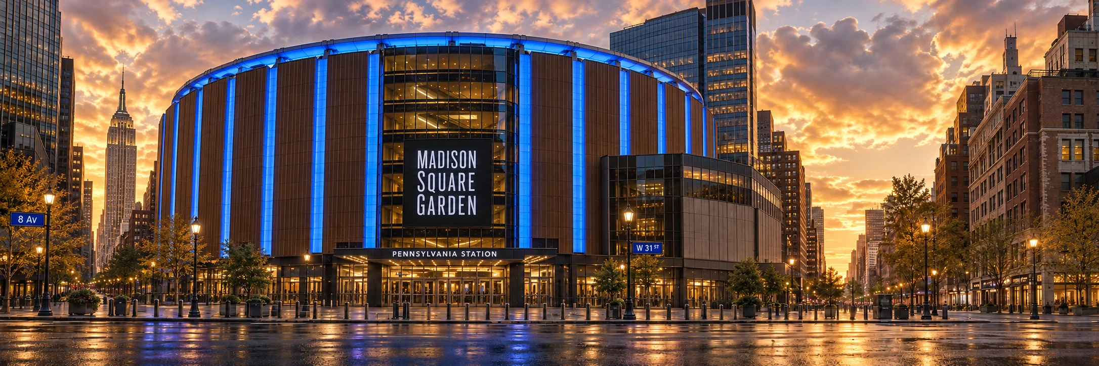 The game's Madison Square Garden environment, with the cylindrical arena and a wet New York street at sunset